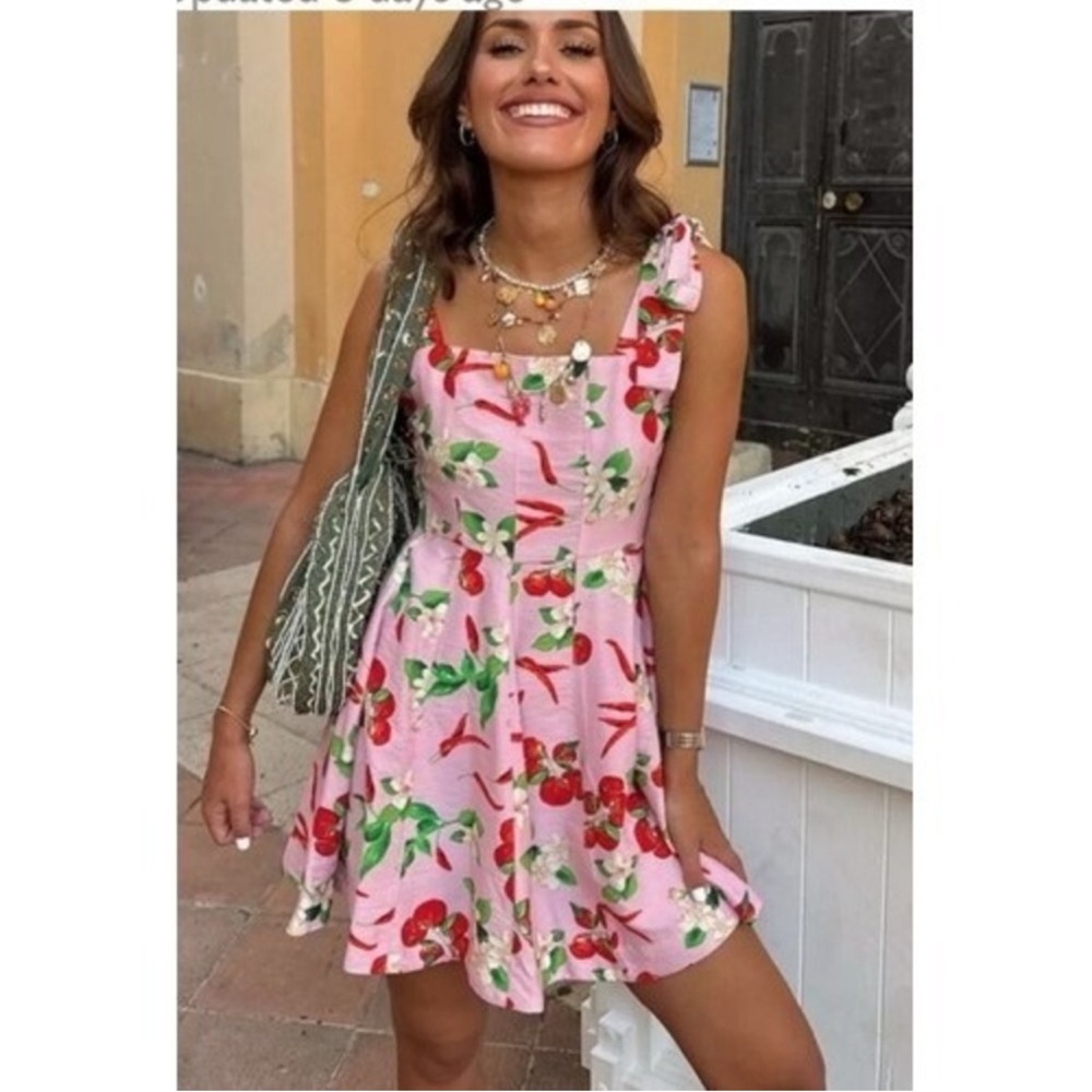 ZARA Pink Cherry Print A-Line Mini Dress NWT | Wide Strap Sundress